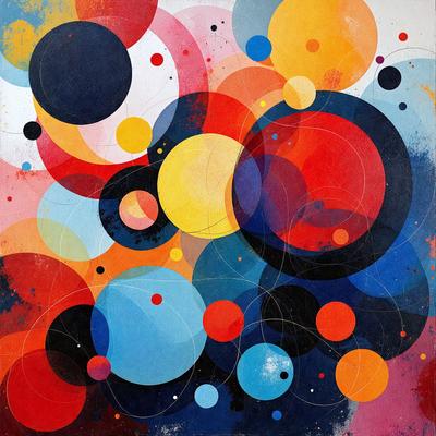 The primary subject of the image is a colorful, abstract painting featuring a variety of circles and other shapes. The setting is a canvas, and the visual style is a mix of digital art and illustration. The dominant colors in the painting are red, blue, and yellow, creating a vibrant and lively atmosphere.
